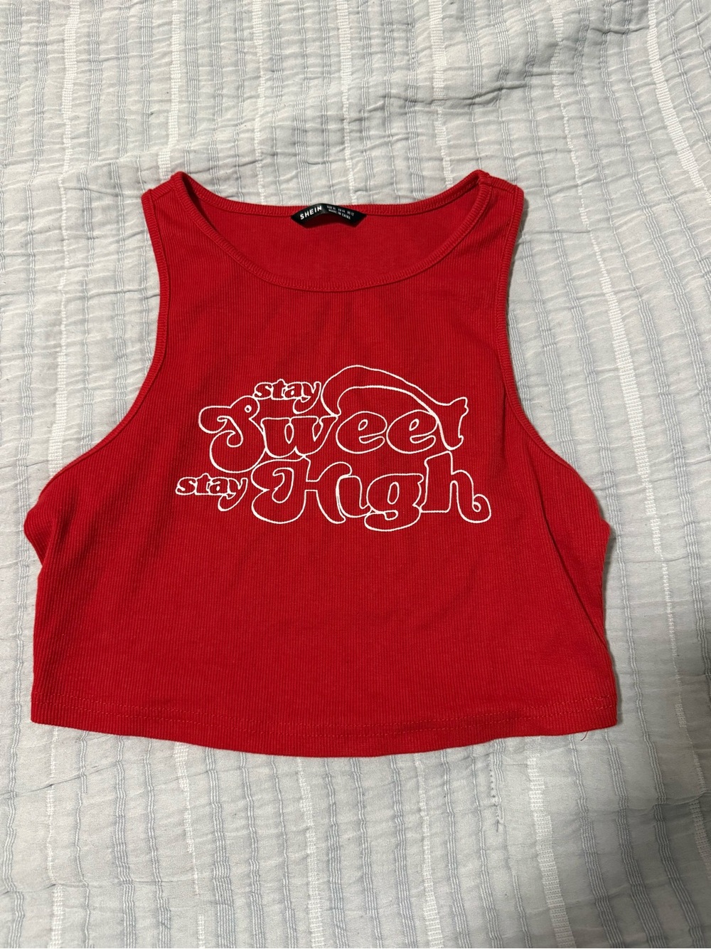 Shein Red Ribbed Graphic Crop Tank Top